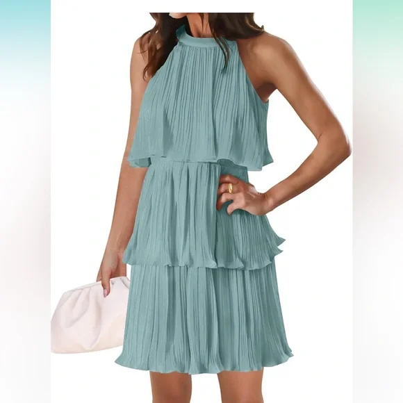 sachin and babi light blue dress Royal Blue Polka Dot High Neck Pleated Chiffon Swing Dress main image 1